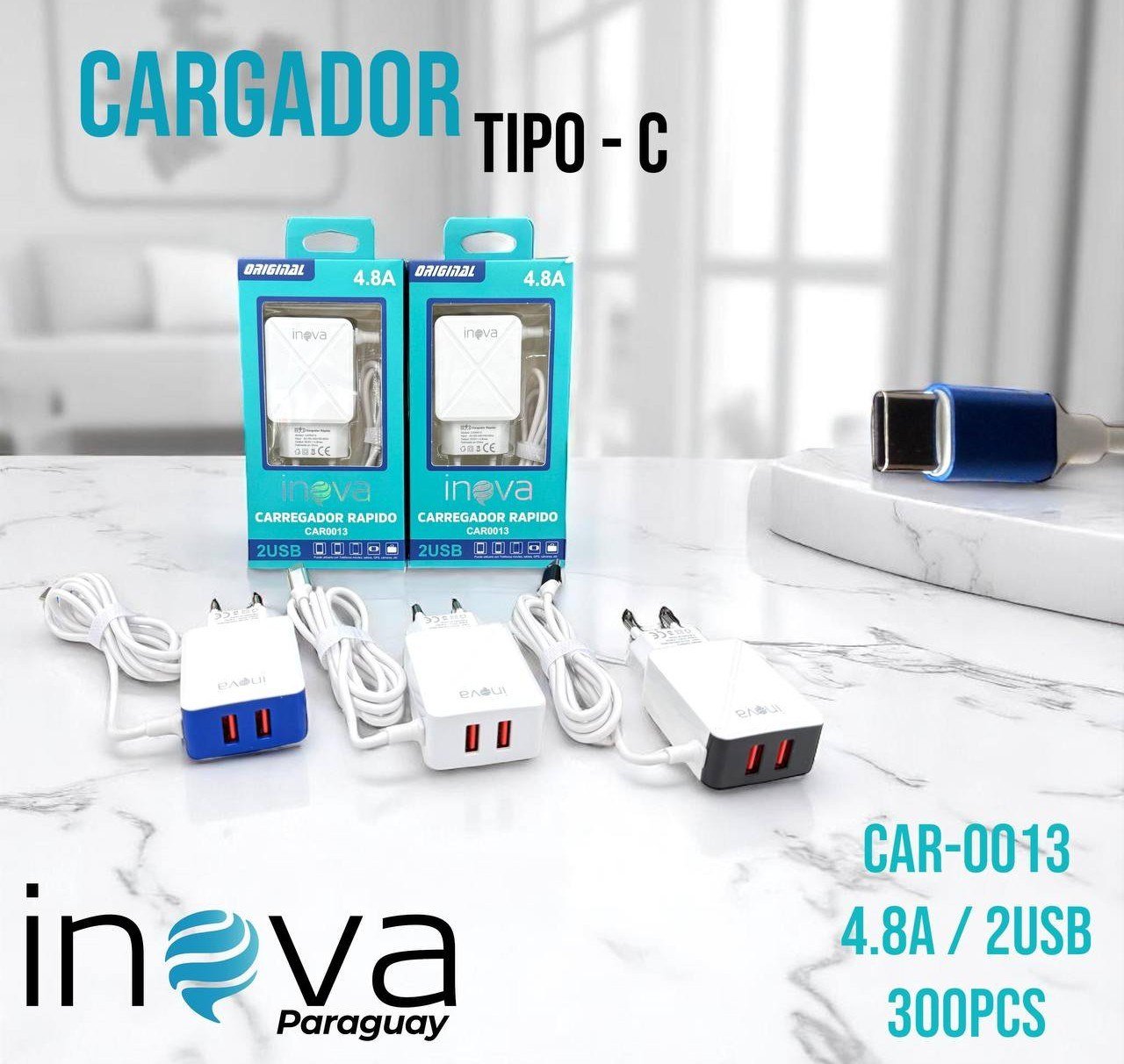 Cargador Inova Tipo C 2USB 4.8A CAR0013